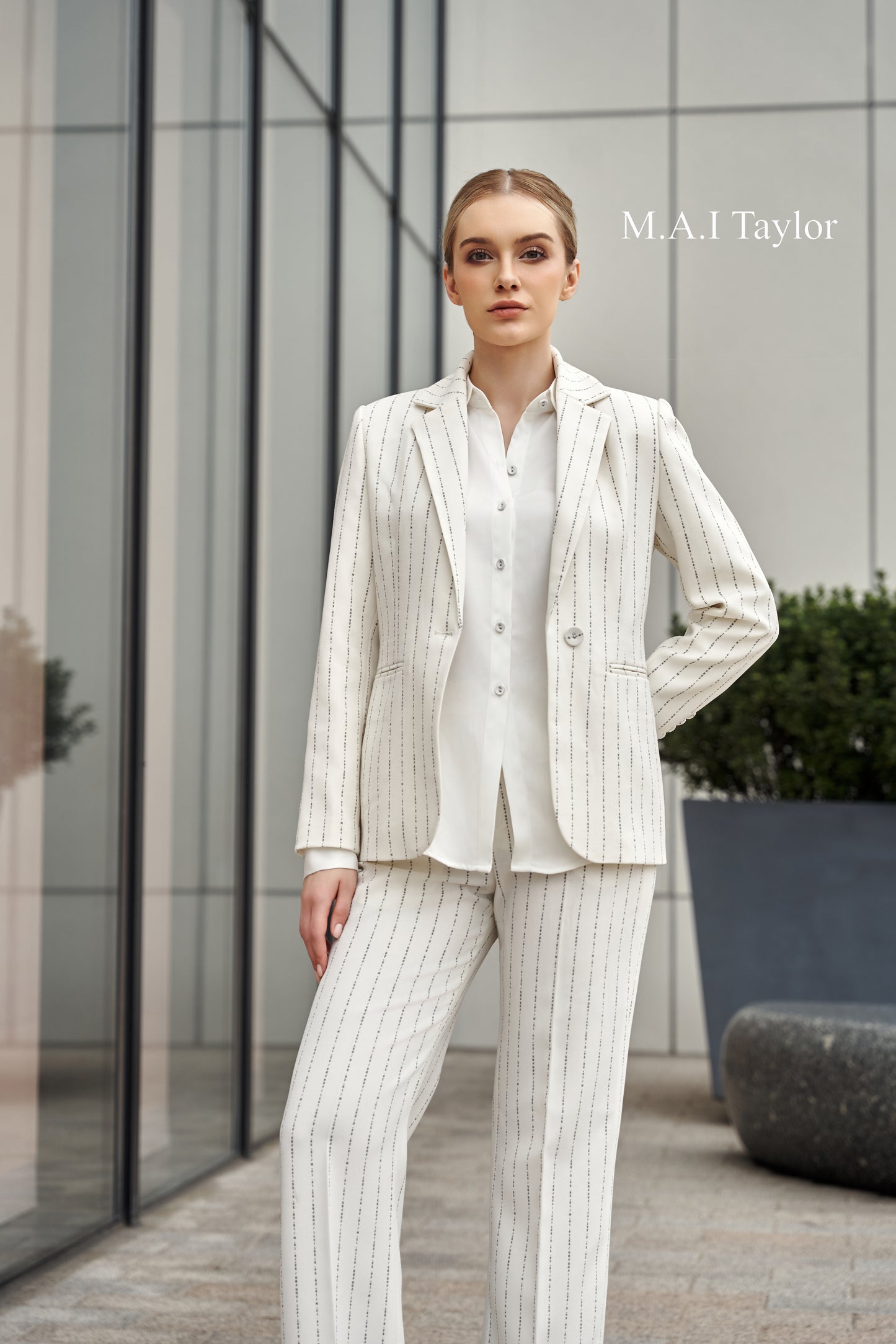 Mai Taylor White Pinstripe Summer Suit – Confident & Light