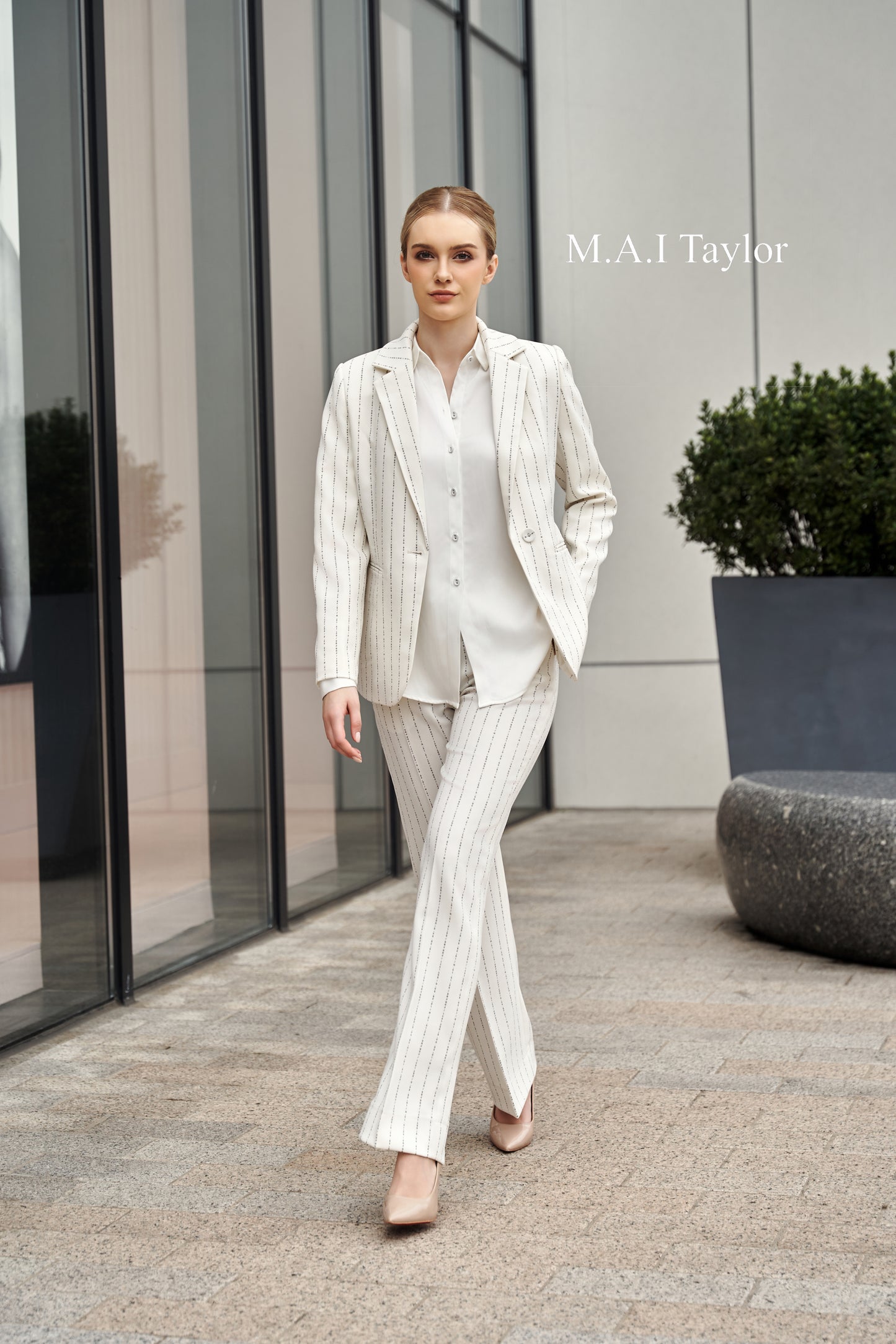 Mai Taylor White Pinstripe Summer Suit – Confident & Light