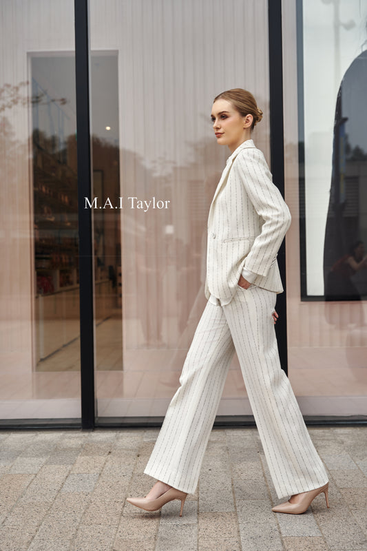 Mai Taylor White Pinstripe Summer Suit – Confident & Light